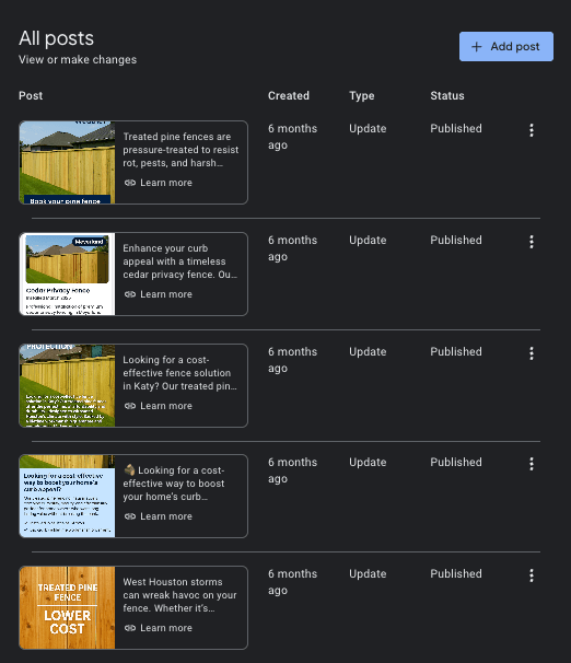 GBP post updates dashboard