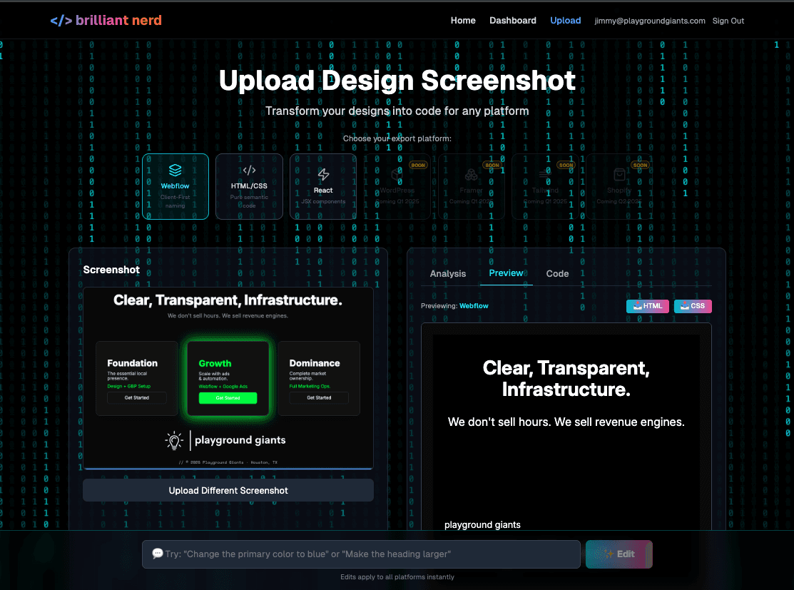 Dashboard interface for Brilliant Nerd showing Upload Design Screenshot page.