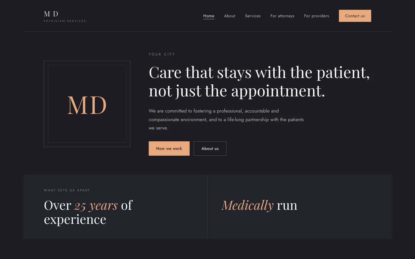 Homepage of a physician services group website, client name and city removed