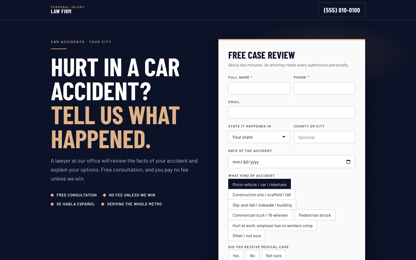 Car accident landing page for a personal injury law firm, firm name and phone number removed