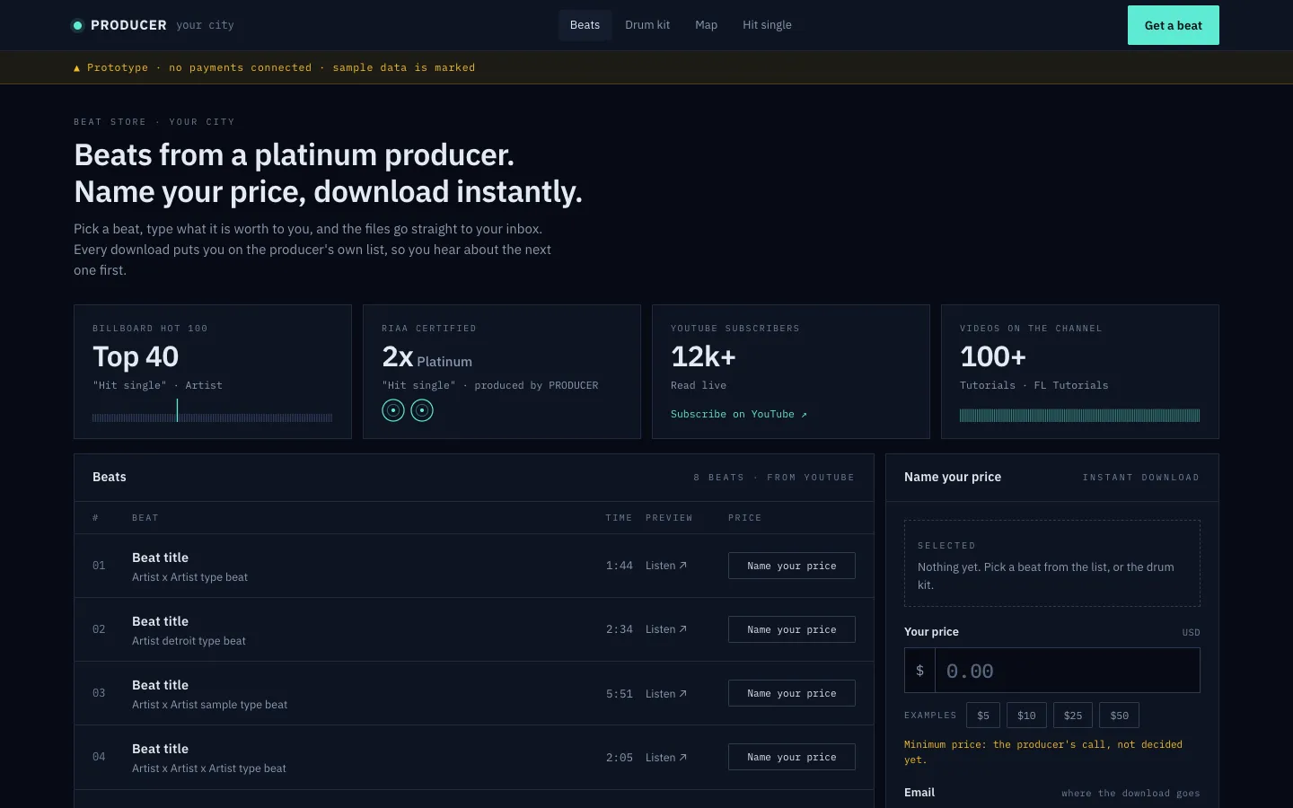 Beat store prototype for a music producer, artist names and stats replaced with placeholders